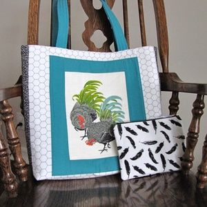 Large Handmade Chicken Tote Bag, with zippered pouch, Quilted and Pieced, OOAK